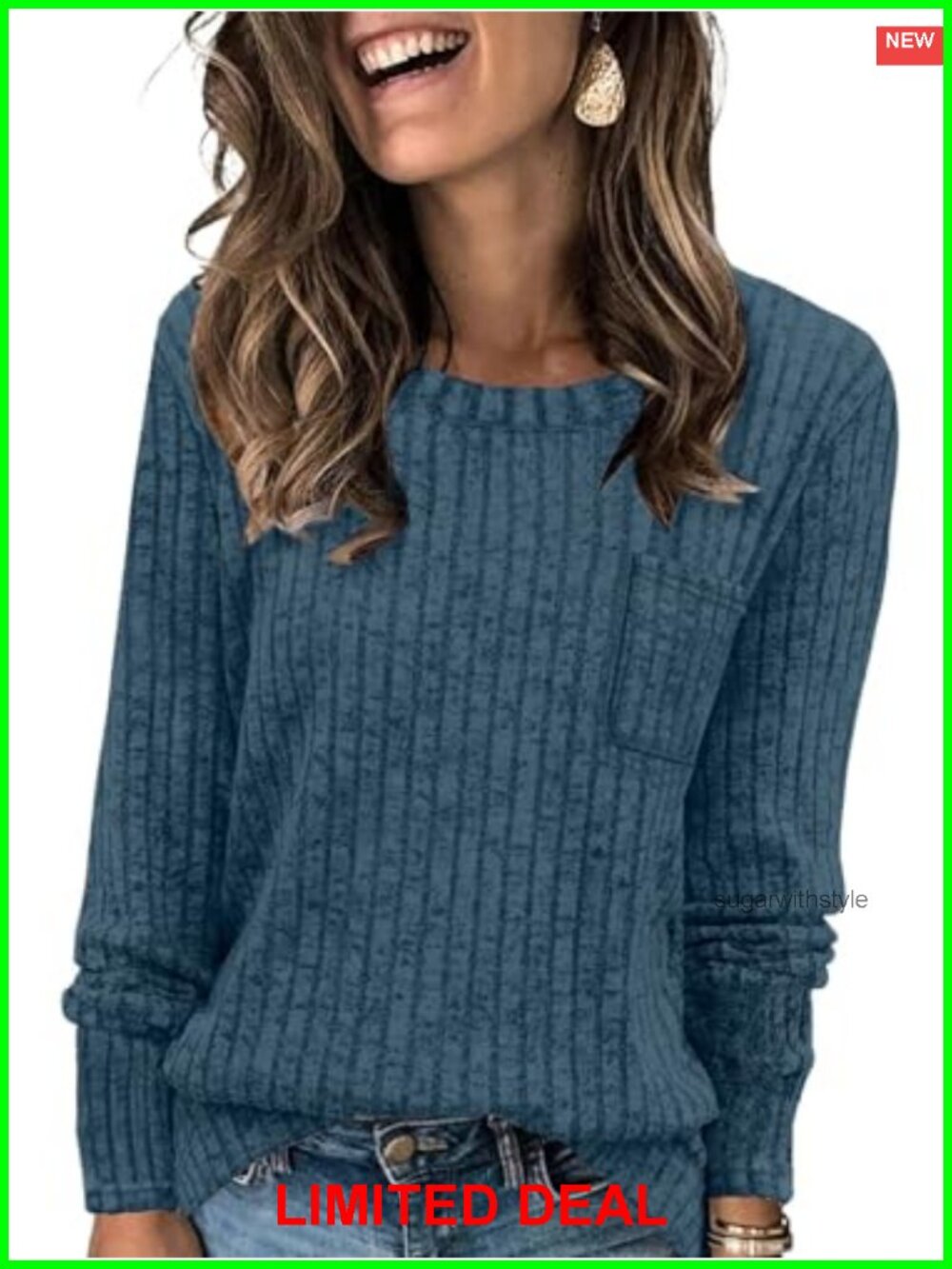 Ribbed Knit Long Sleeve Crewneck Tunic Top with Pocket